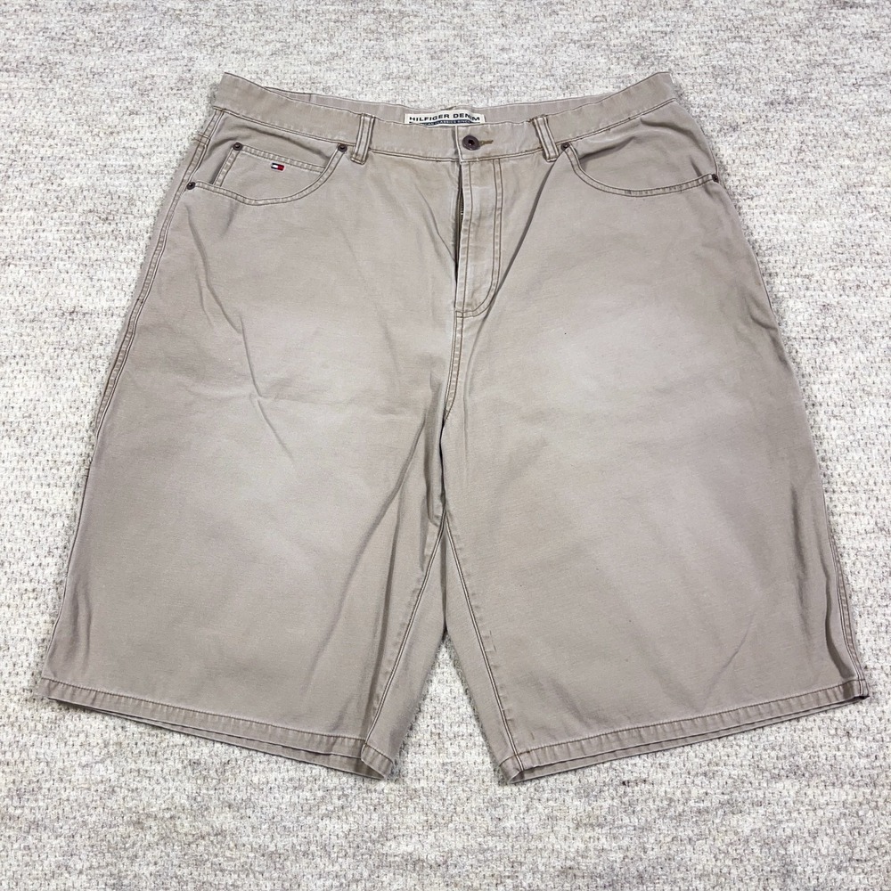 Vintage Y2K Tommy Hilfiger Denim Shorts Men 38 Tan Baggy Jorts Baggy Loose Skate - Picture 2 of 14